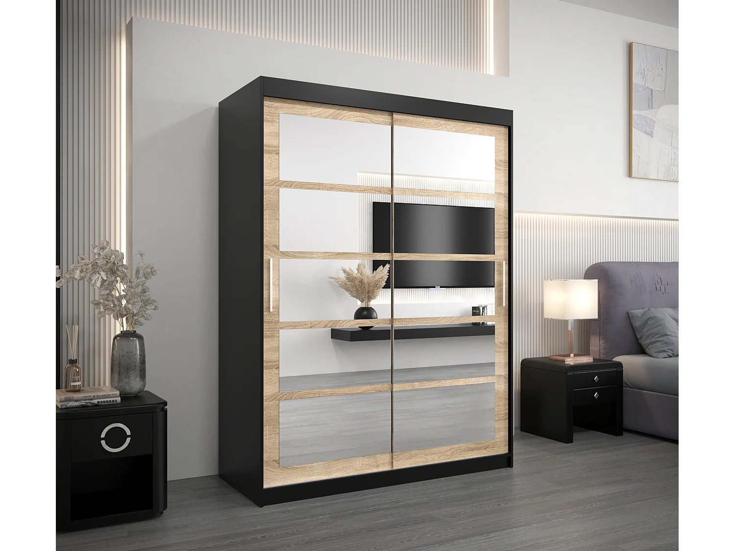 Armoire Roma 2 À Portes Coulissantes 200/150/62 2 portes (Noir/Sonoma)