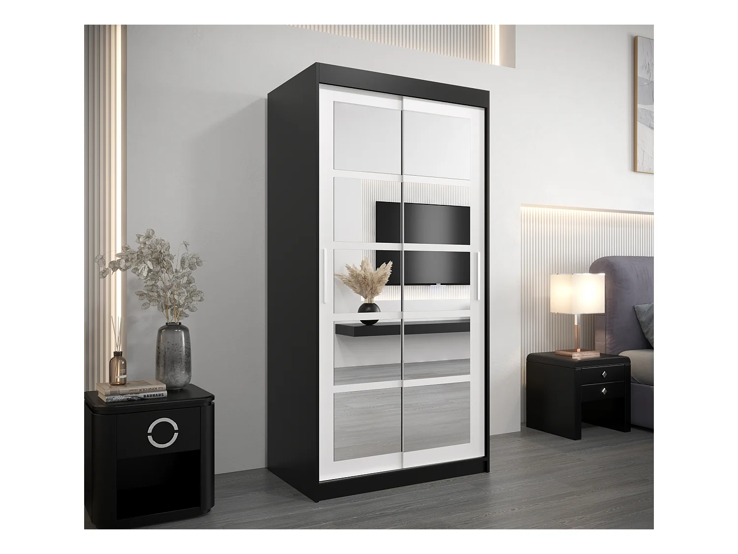 Schwebetürenschrank Roma 200/100/62 2-Türig (Schwarz/Weiß)