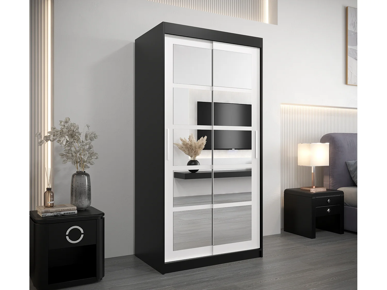 Schwebetürenschrank Roma 200/100/62 2-Türig (Schwarz/Weiß)