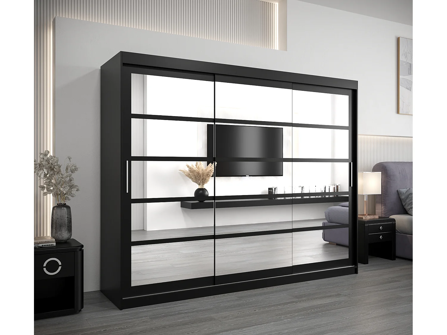 Armoire Roma 2 À Portes Coulissantes 200/250/62 3 Portes (Noir/Noir)