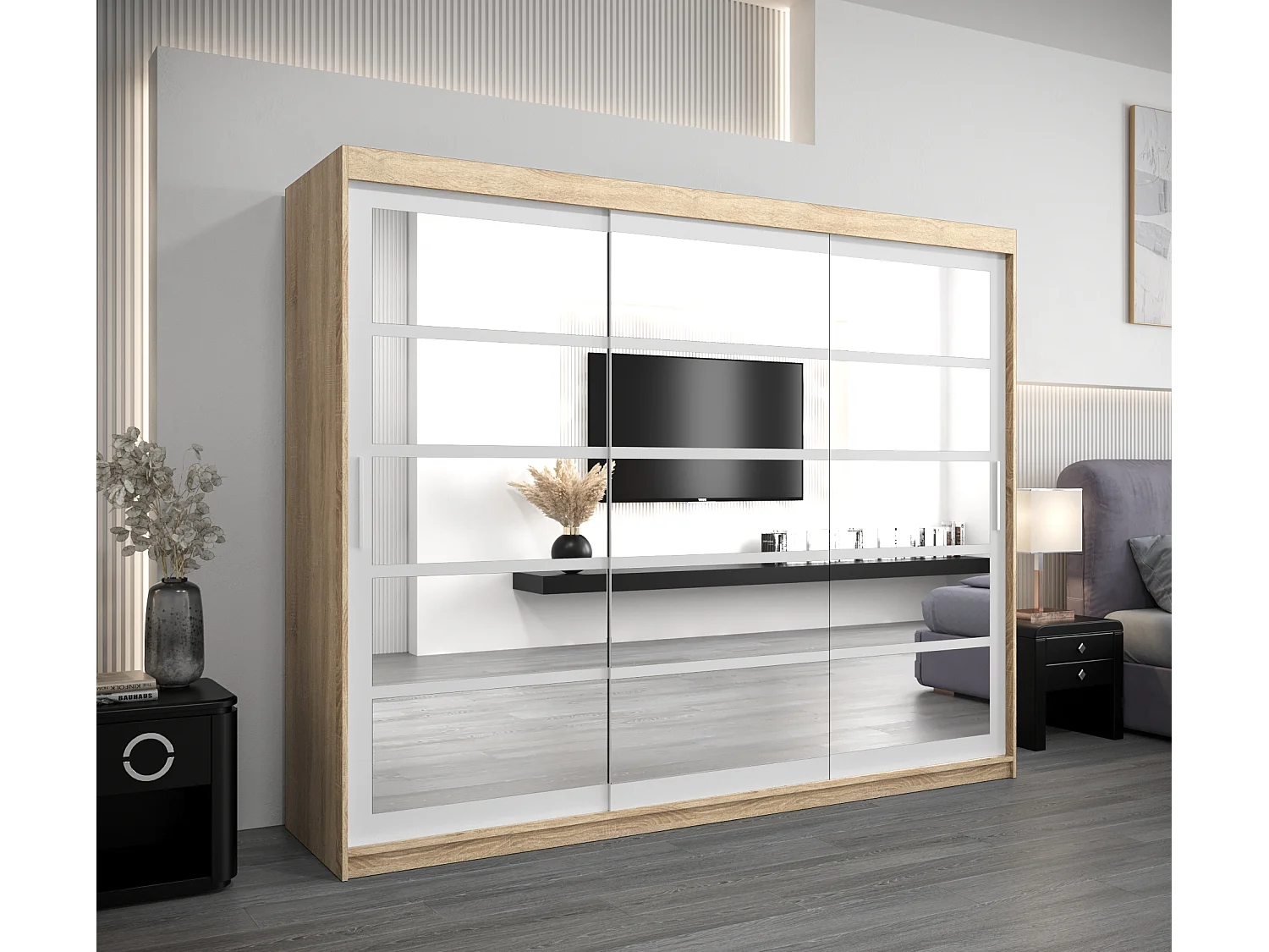 Schwebetürenschrank Roma 200/250/62 2-Türig (Sonoma/Weiß)