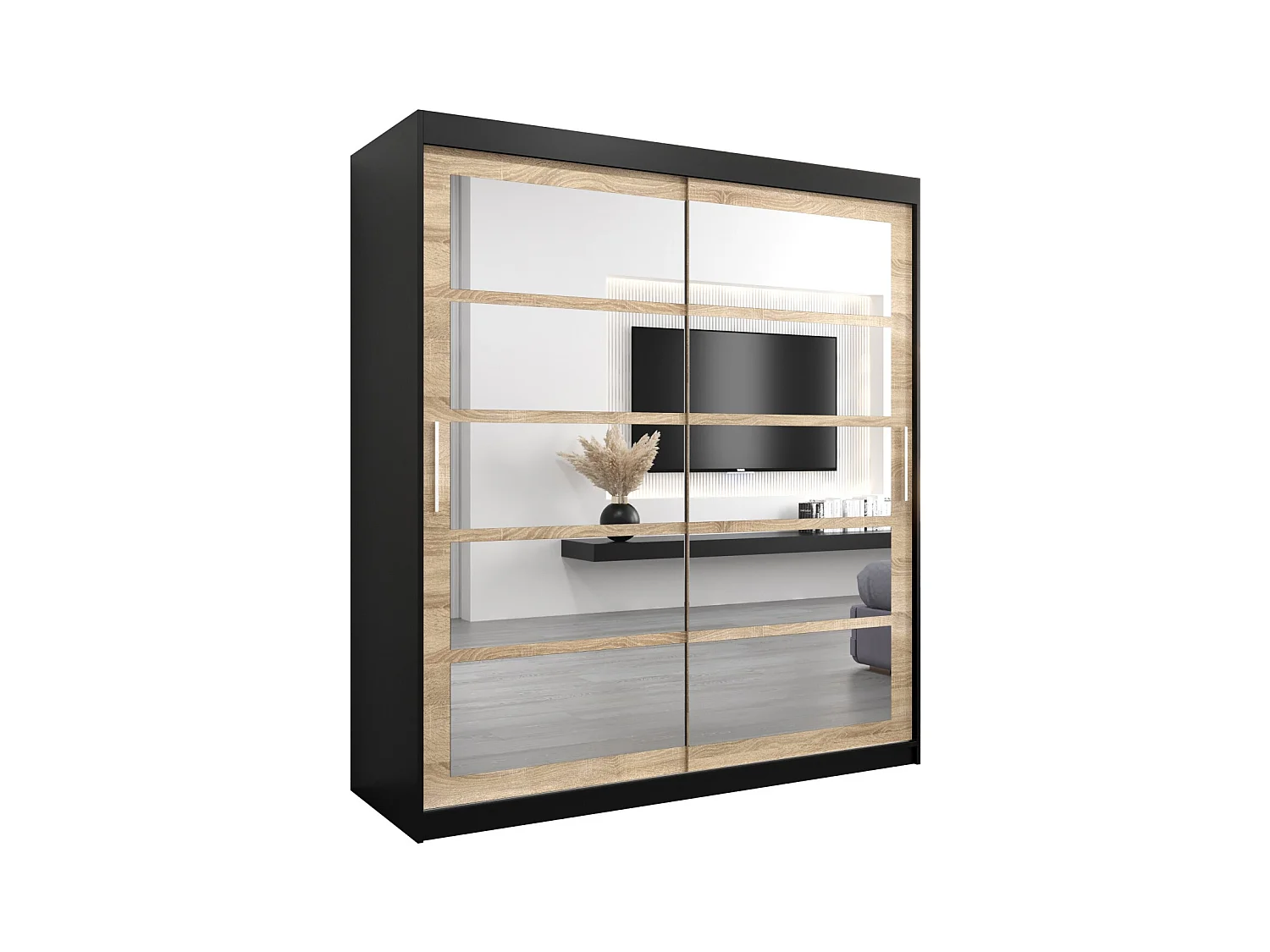 Schwebetürenschrank Roma 200/180/62 2-Türig (Schwarz/Sonoma)