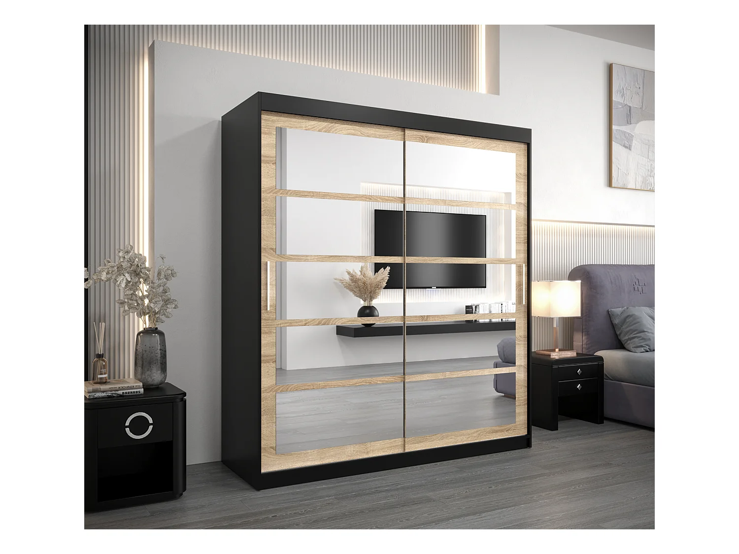 Schwebetürenschrank Roma 200/180/62 2-Türig (Schwarz/Sonoma)