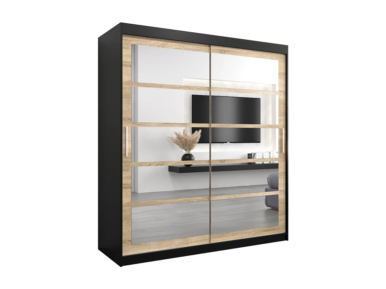 Schwebetürenschrank Roma 200/180/62 2-Türig (Schwarz/Sonoma)