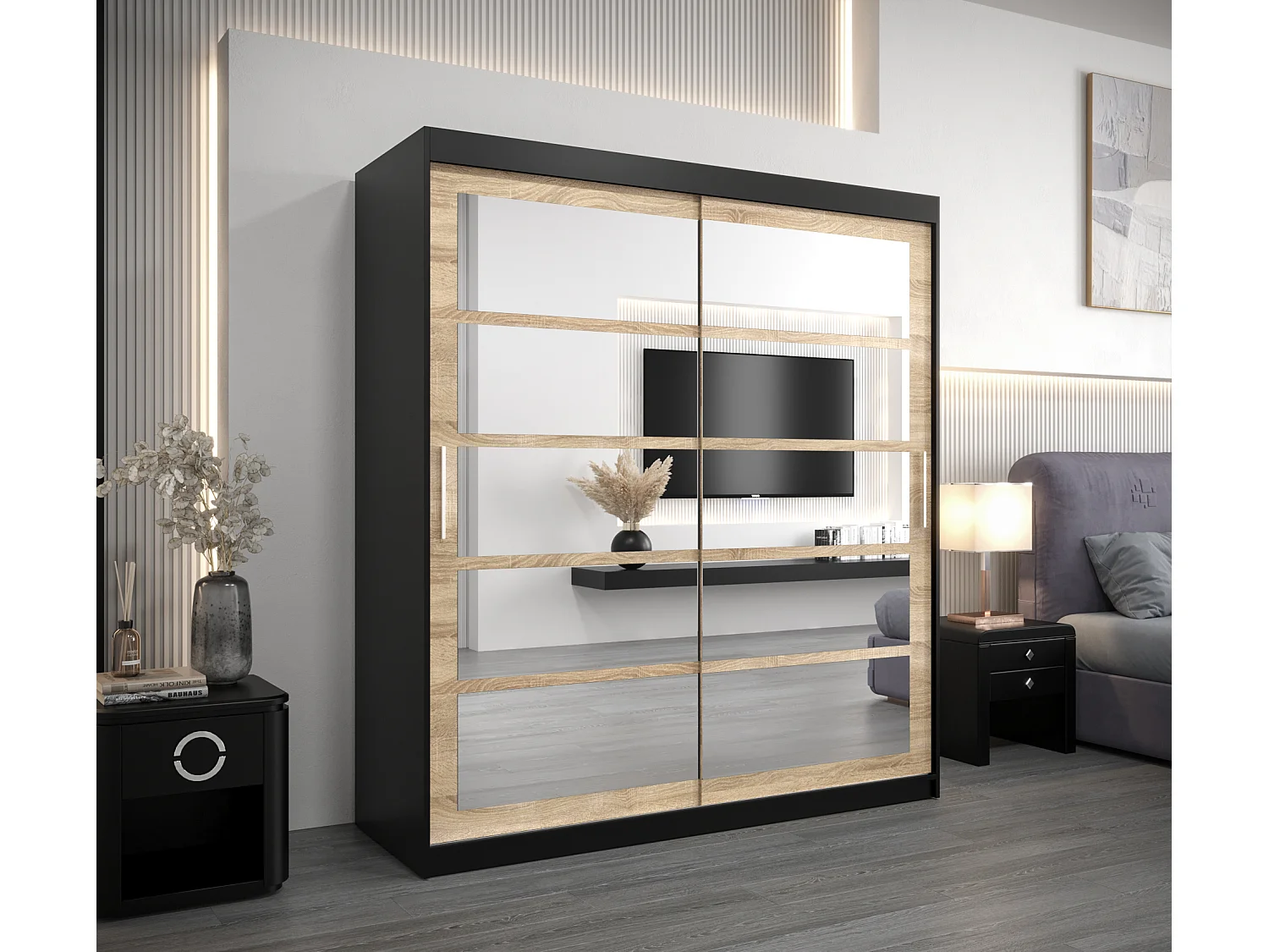 Schwebetürenschrank Roma 200/180/62 2-Türig (Schwarz/Sonoma)