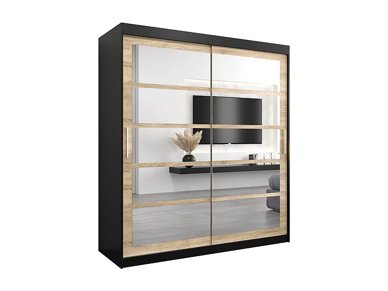 Schwebetürenschrank Roma 200/180/62 2-Türig (Schwarz/Sonoma)