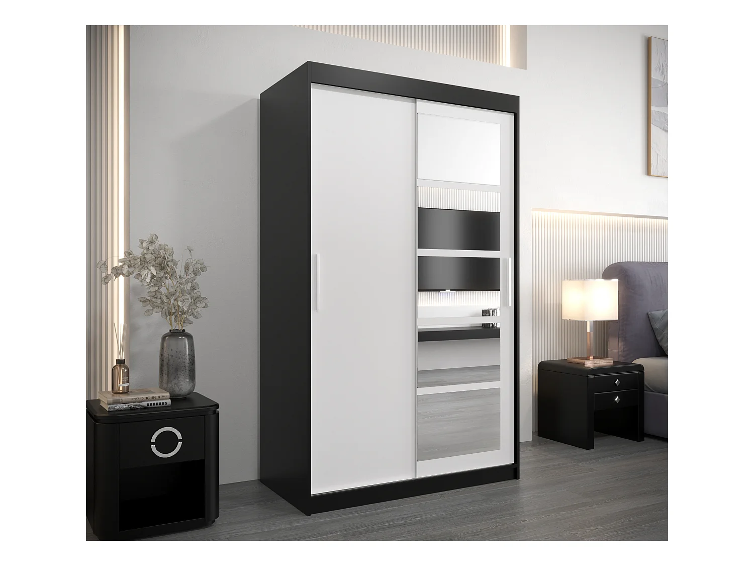 Schwebetürenschrank Roma 200/120/62 2-Türig (Schwarz/Weiß)