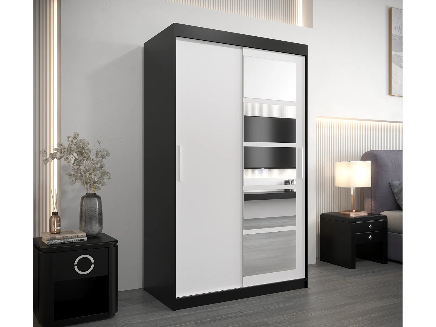 Schwebetürenschrank Roma 200/120/62 2-Türig (Schwarz/Weiß)