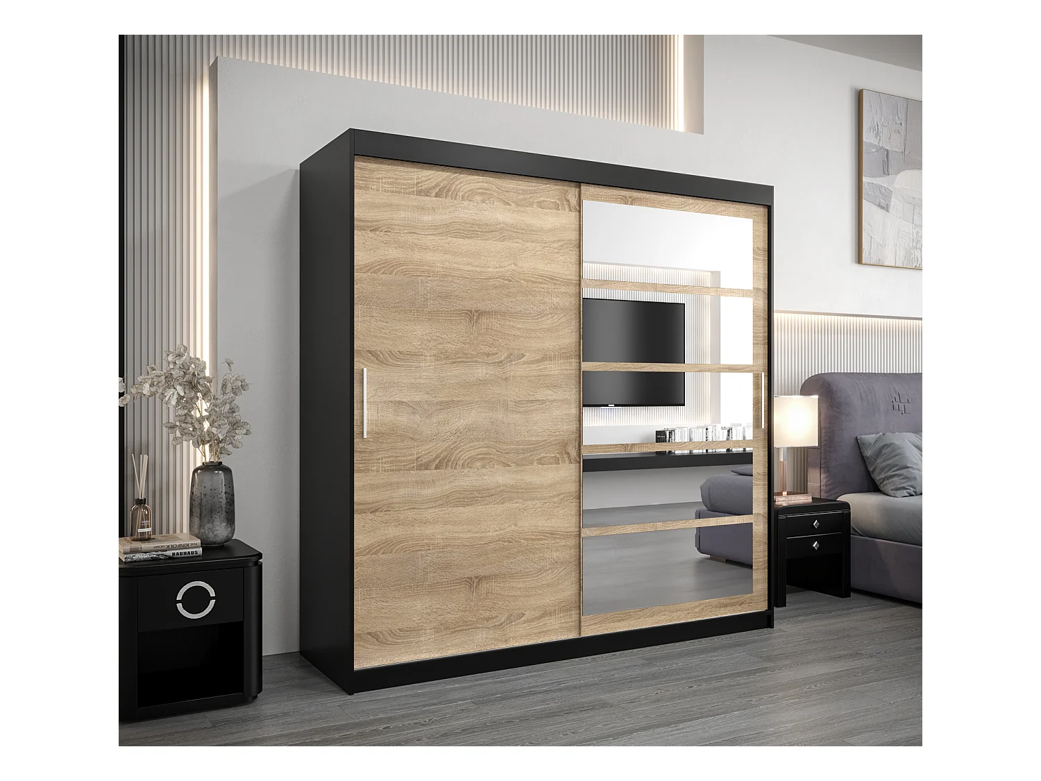 Roma 1 kledingkast met schuifdeuren 200/200/62 2 deuren (zwart/sonoma)