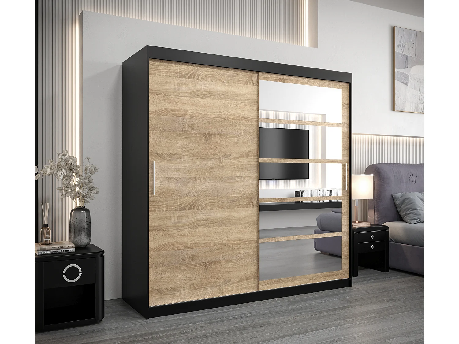 Schwebetürenschrank Roma 200/200/62 2-Türig (Schwarz/Sonoma)