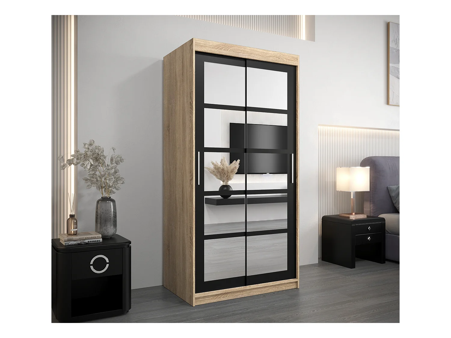 Schwebetürenschrank Roma 200/100/62 2-Türig (Sonoma/Schwarz)