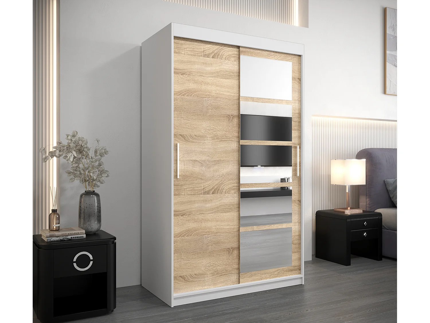 Armoire Roma 1 À Portes Coulissantes 200/120/62 2 portes (Blanc/Sonoma)