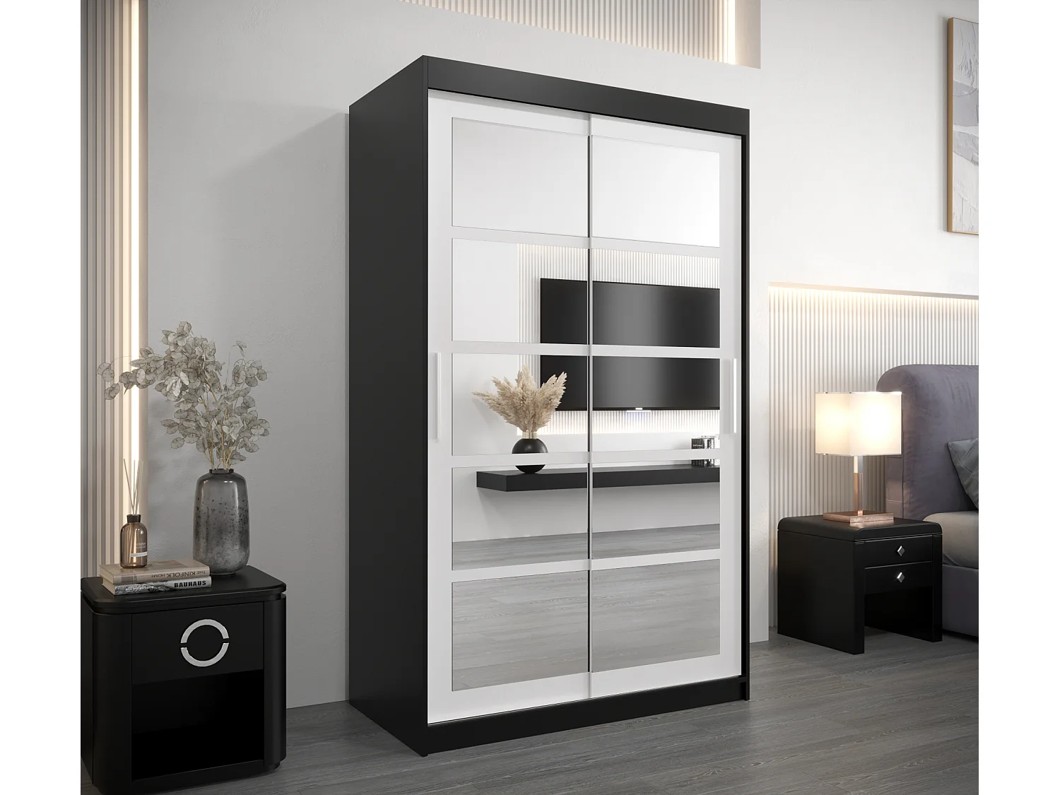 Schwebetürenschrank Roma 200/120/62 2-Türig (Schwarz/Weiß)