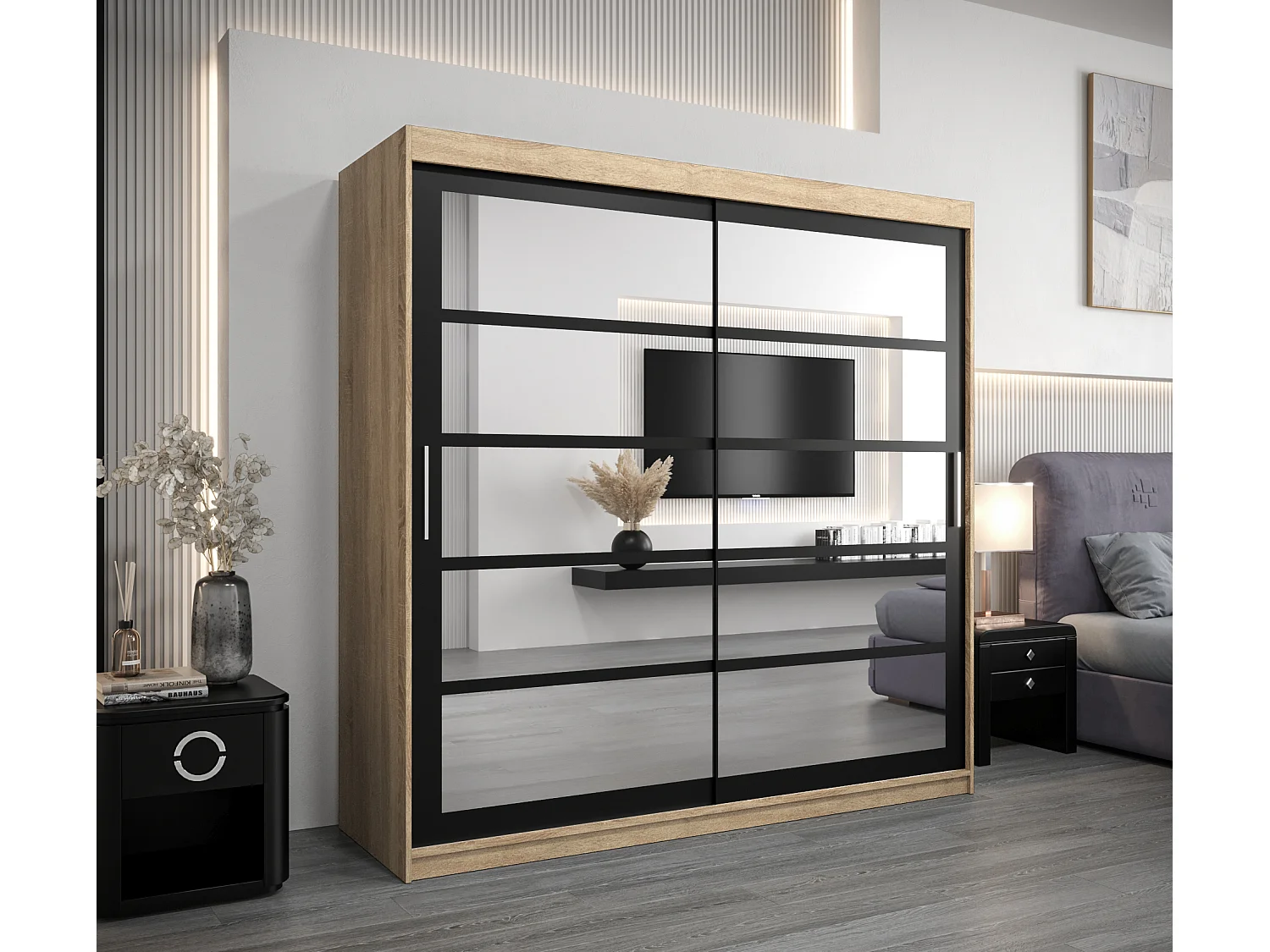 Armoire Roma 2 À Portes Coulissantes 200/200/62 2 portes (Sonoma/Noir)