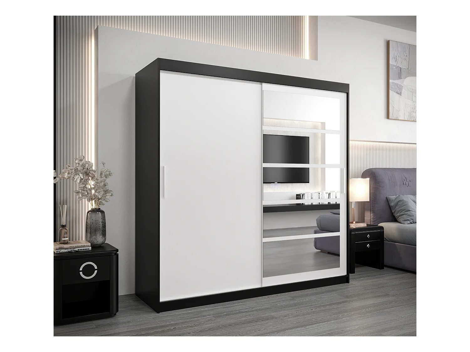 Armoire Roma 1 À Portes Coulissantes 200/200/62 2 portes (Noir/Blanc)