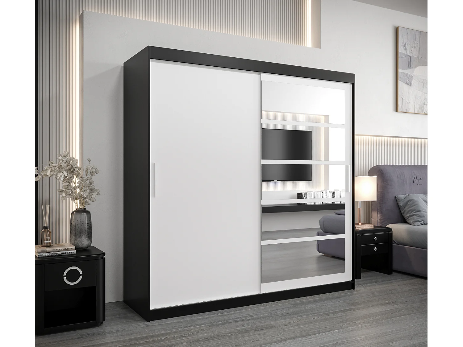 Schwebetürenschrank Roma 200/200/62 2-Türig (Schwarz/Weiß)