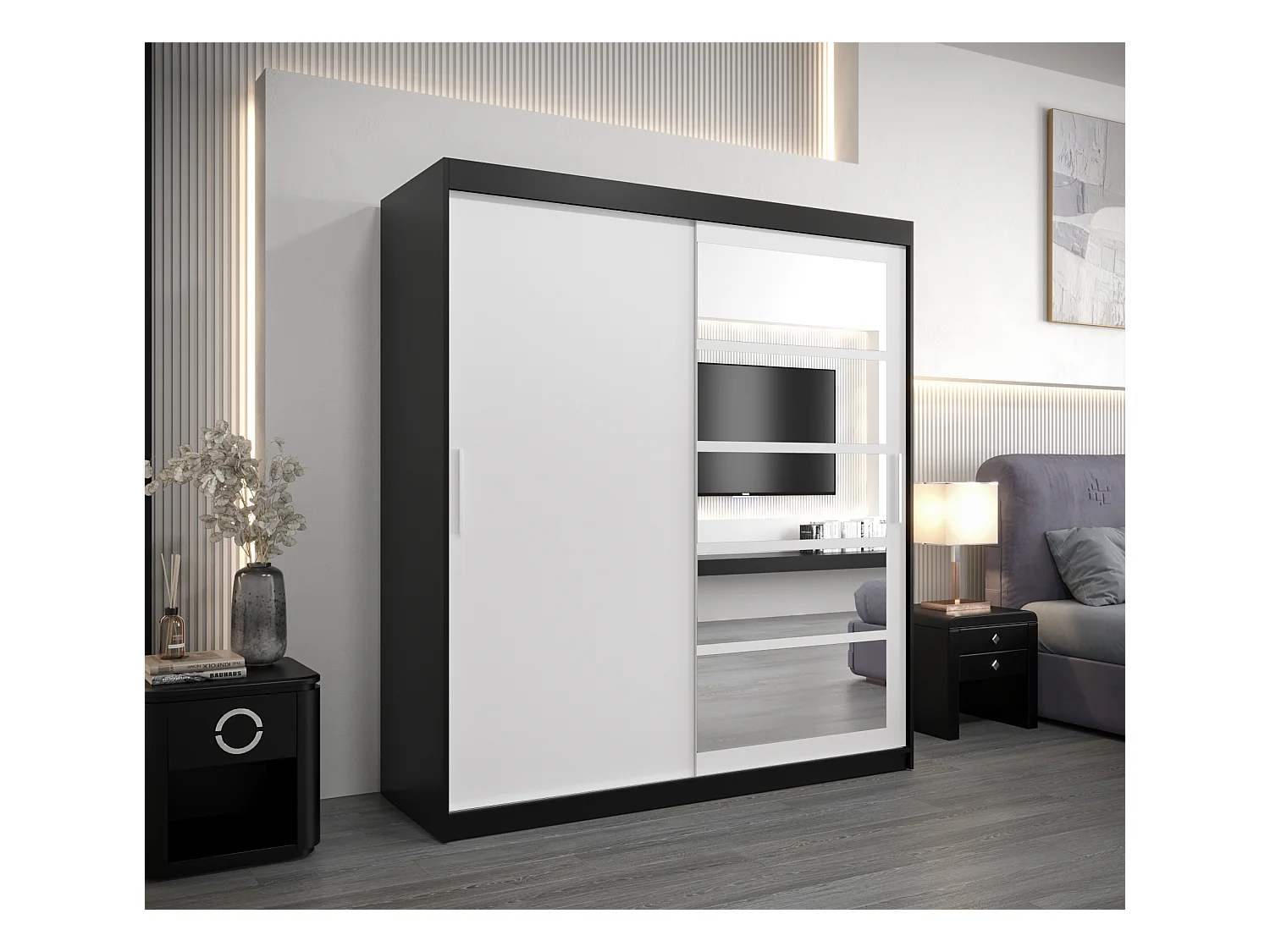 Schwebetürenschrank Roma 200/180/62 2-Türig (Schwarz/Weiß)