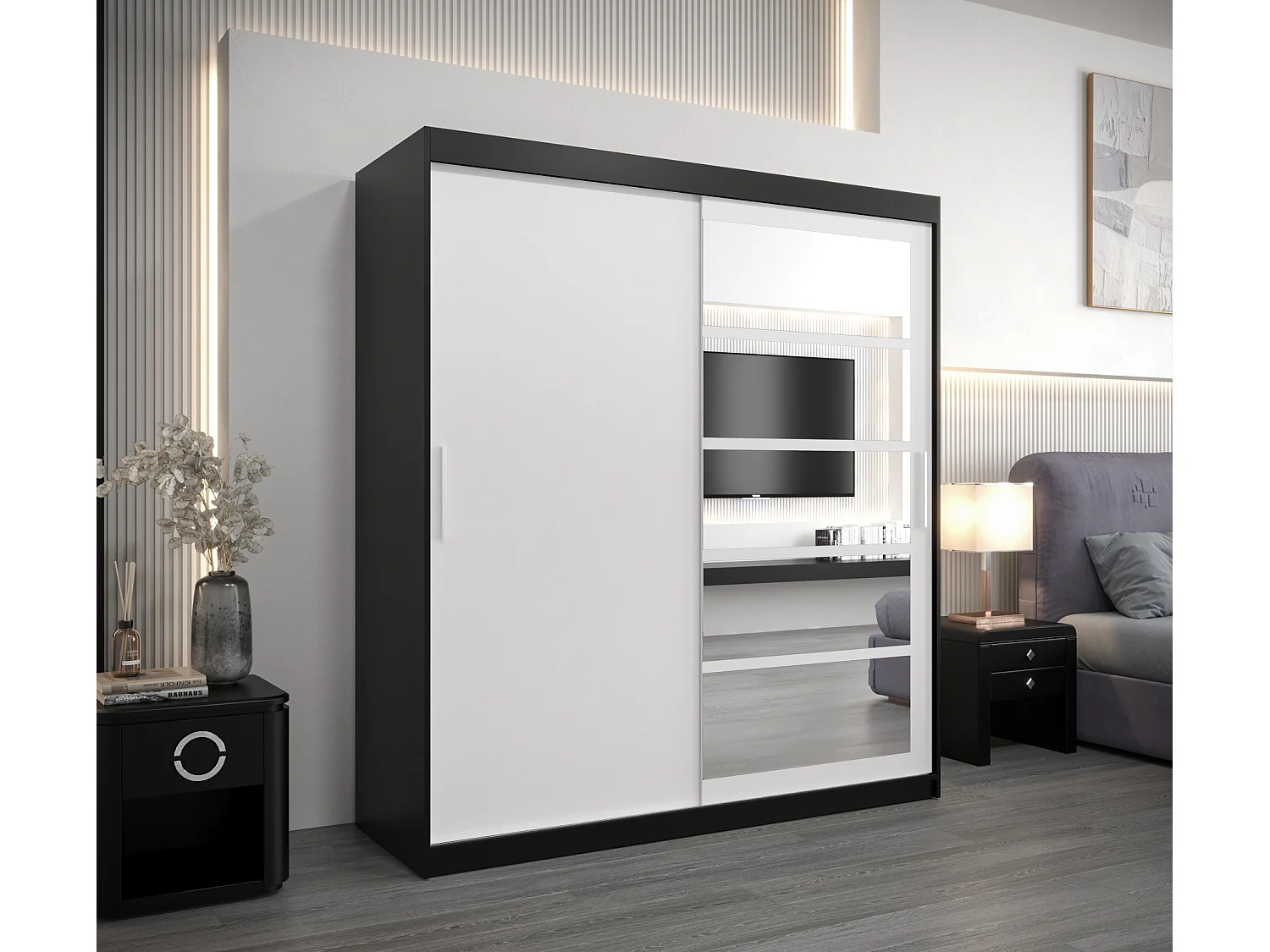 Schwebetürenschrank Roma 200/180/62 2-Türig (Schwarz/Weiß)