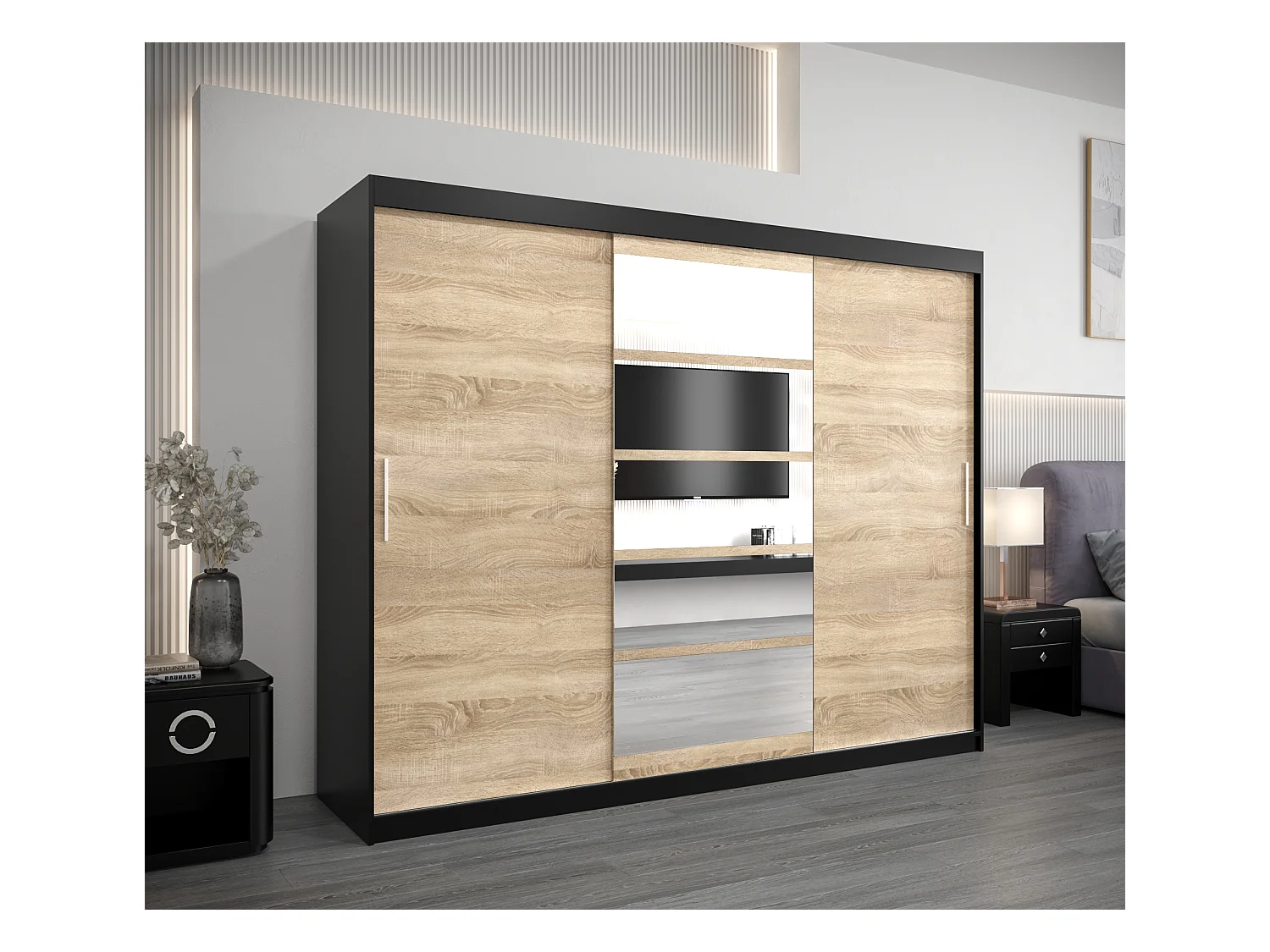 Armoire Roma 1 À Portes Coulissantes 200/250/62 3 Portes (Noir/Sonoma)