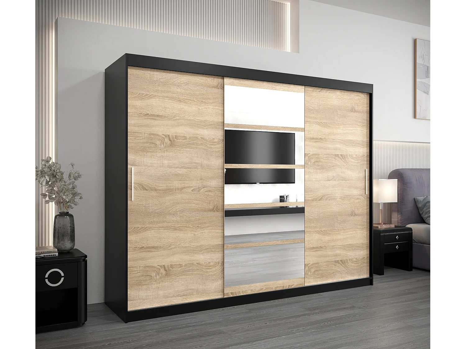 Armoire Roma 1 À Portes Coulissantes 200/250/62 3 Portes (Noir/Sonoma)