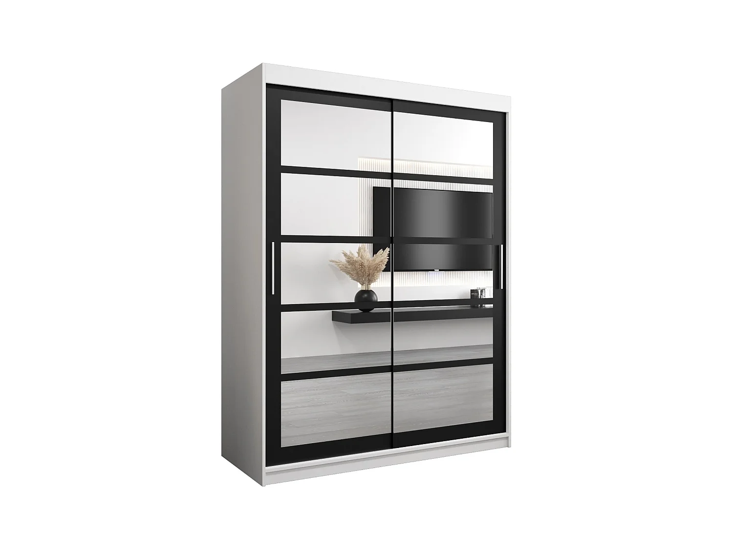 Schwebetürenschrank Roma 200/150/62 2-Türig (Weiß/Schwarz)