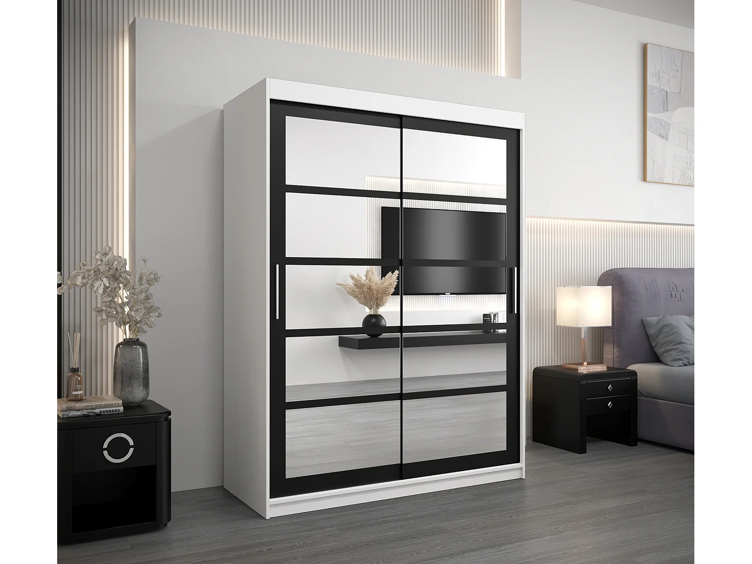 Roma 2 kledingkast met schuifdeuren 200/150/62 2 deuren (wit/zwart)