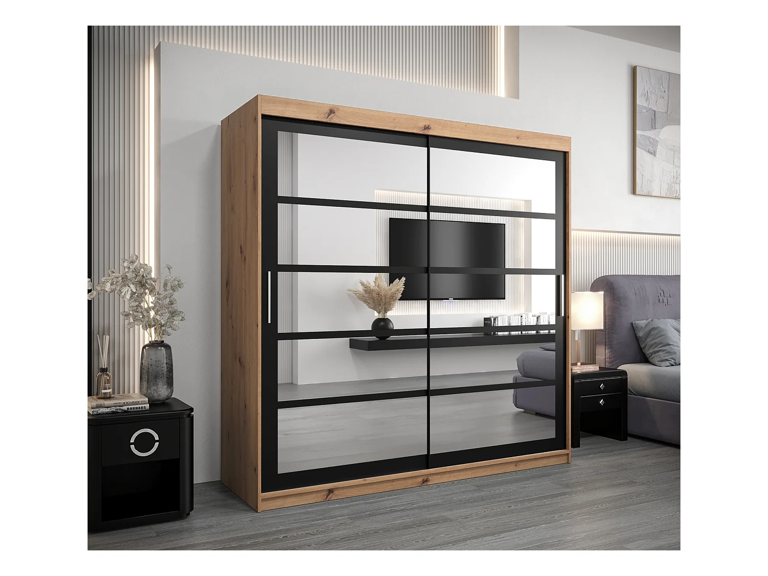 Schwebetürenschrank Roma 200/200/62 2-Türig (Artisan/Schwarz)