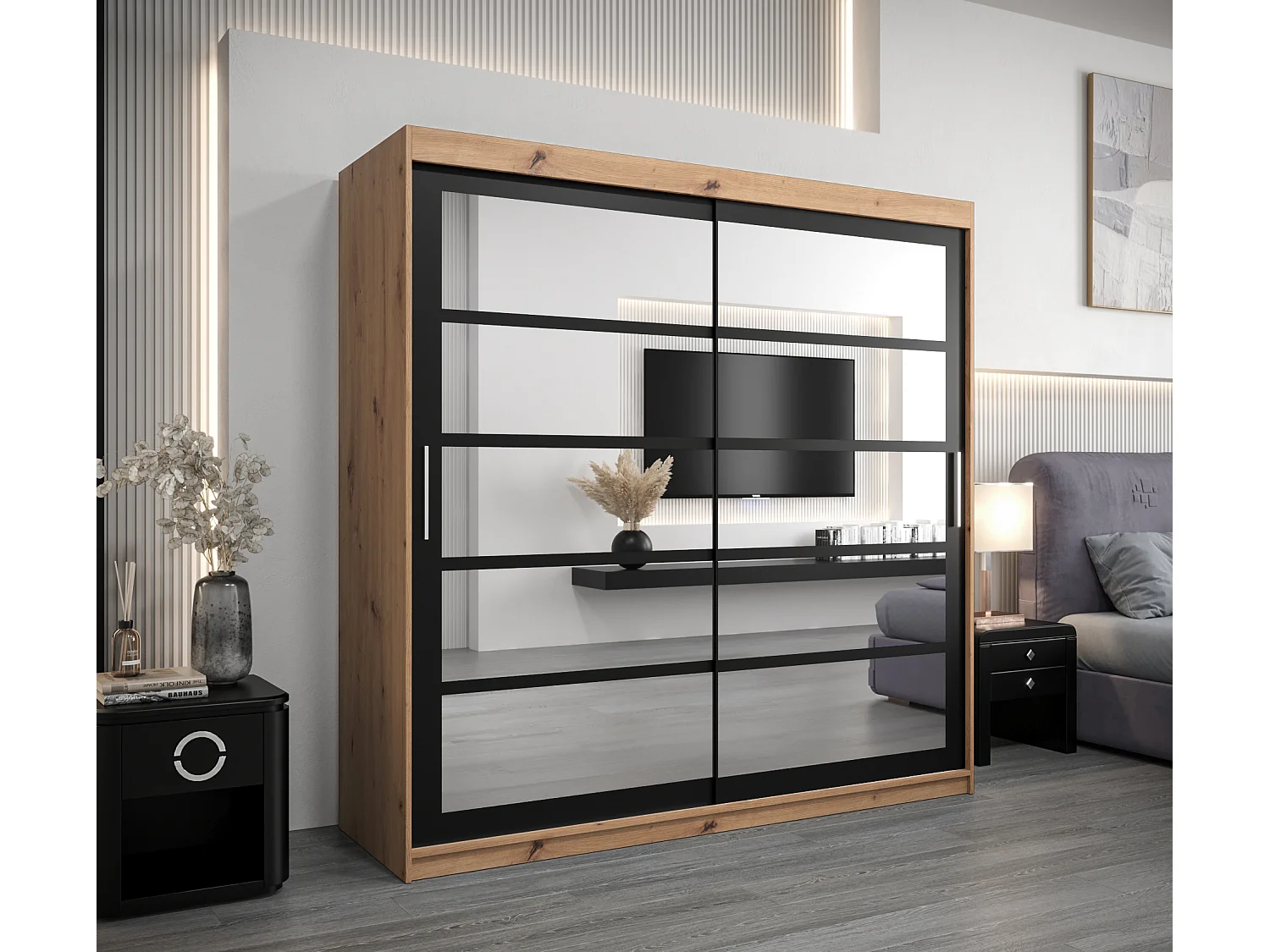 Schwebetürenschrank Roma 200/200/62 2-Türig (Artisan/Schwarz)