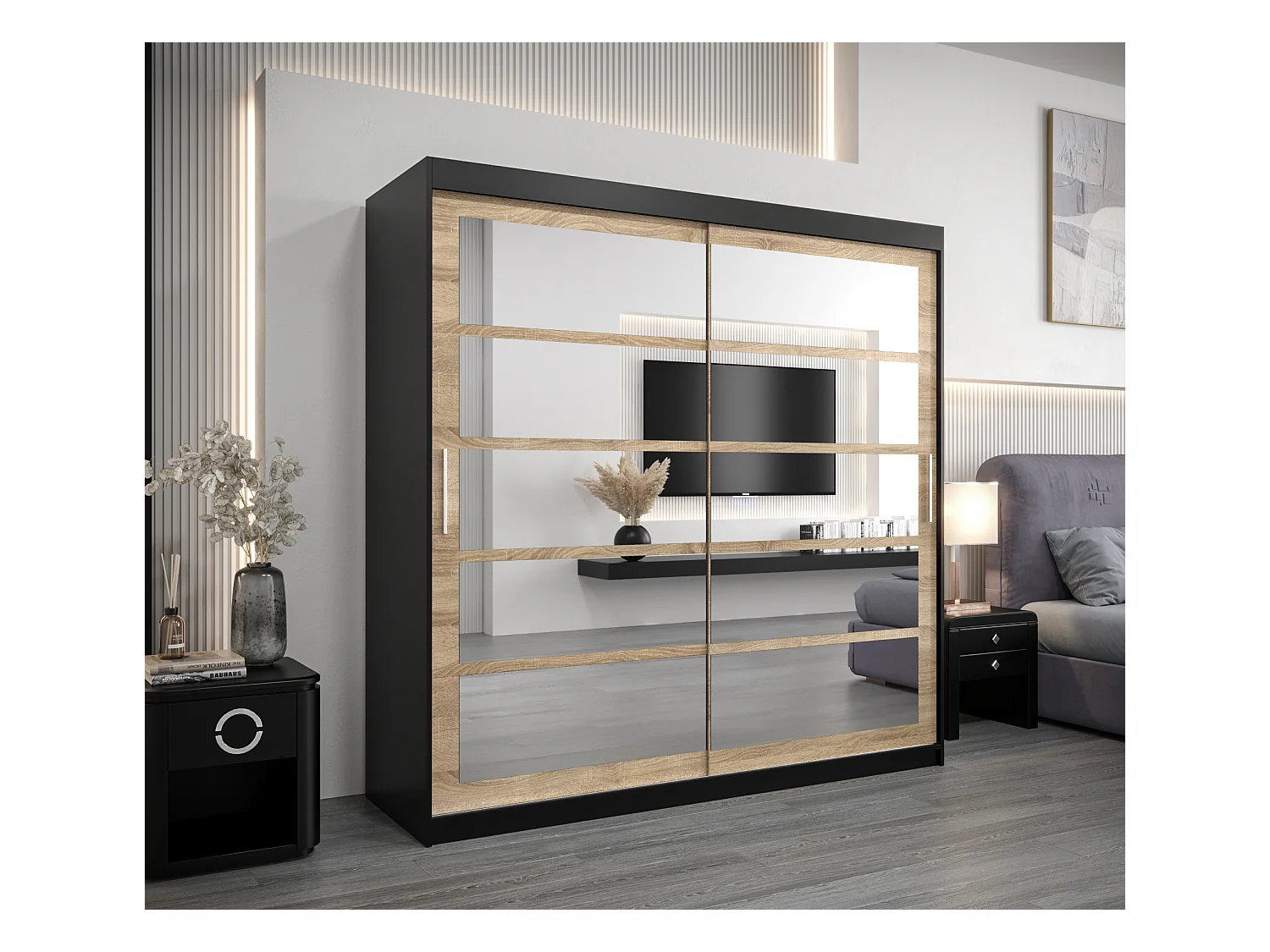 Armoire Roma 2 À Portes Coulissantes 200/200/62 2 portes (Noir/Sonoma)