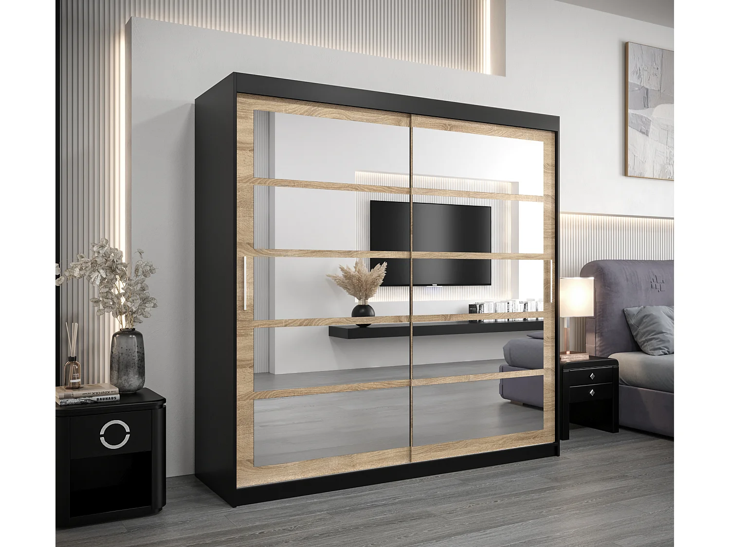 Armoire Roma 2 À Portes Coulissantes 200/200/62 2 portes (Noir/Sonoma)