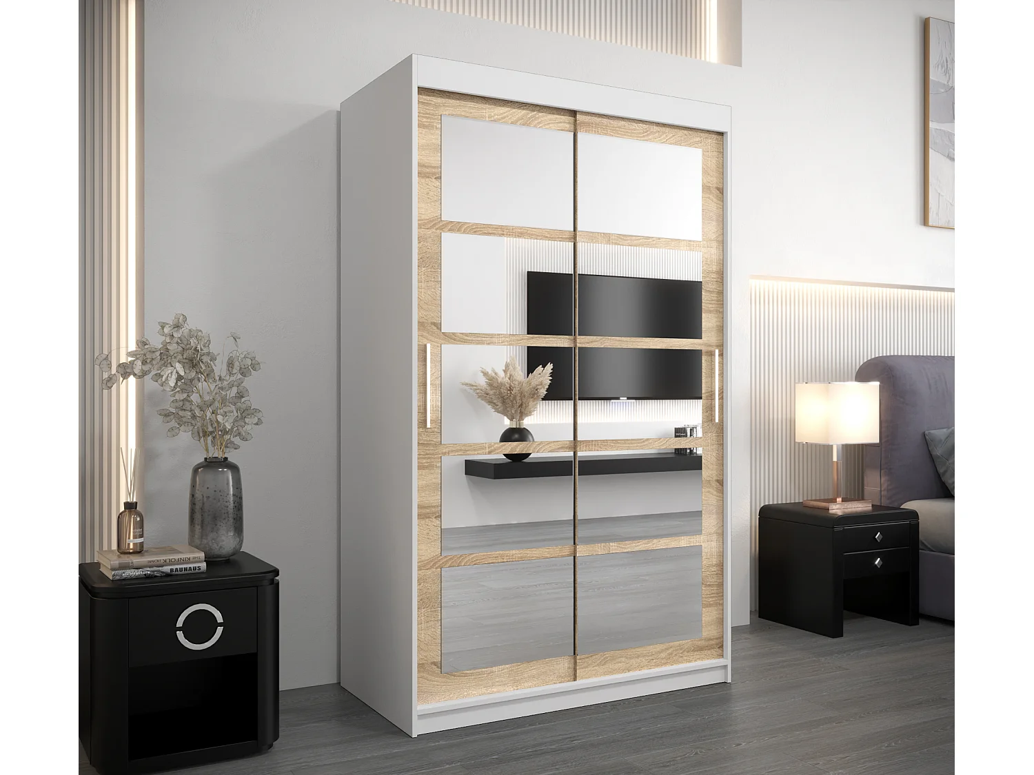 Schwebetürenschrank Roma 200/120/62 2-Türig (Weiß/Sonoma)