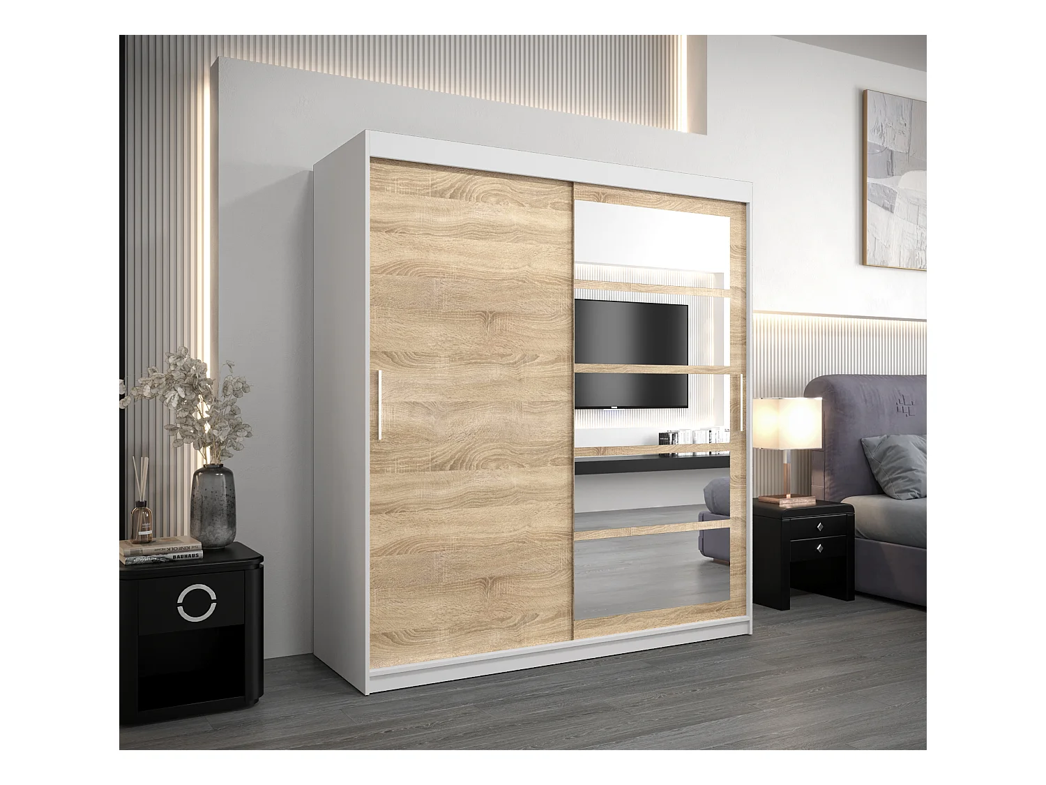 Armoire Roma 1 À Portes Coulissantes 200/180/62 2 portes (Blanc/Sonoma)