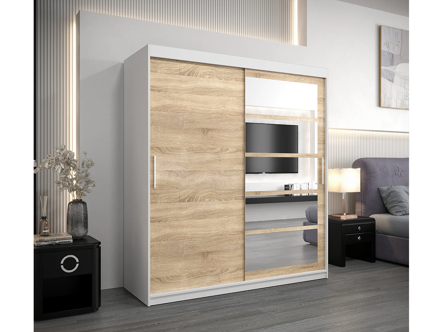 Armoire Roma 1 À Portes Coulissantes 200/180/62 2 portes (Blanc/Sonoma)