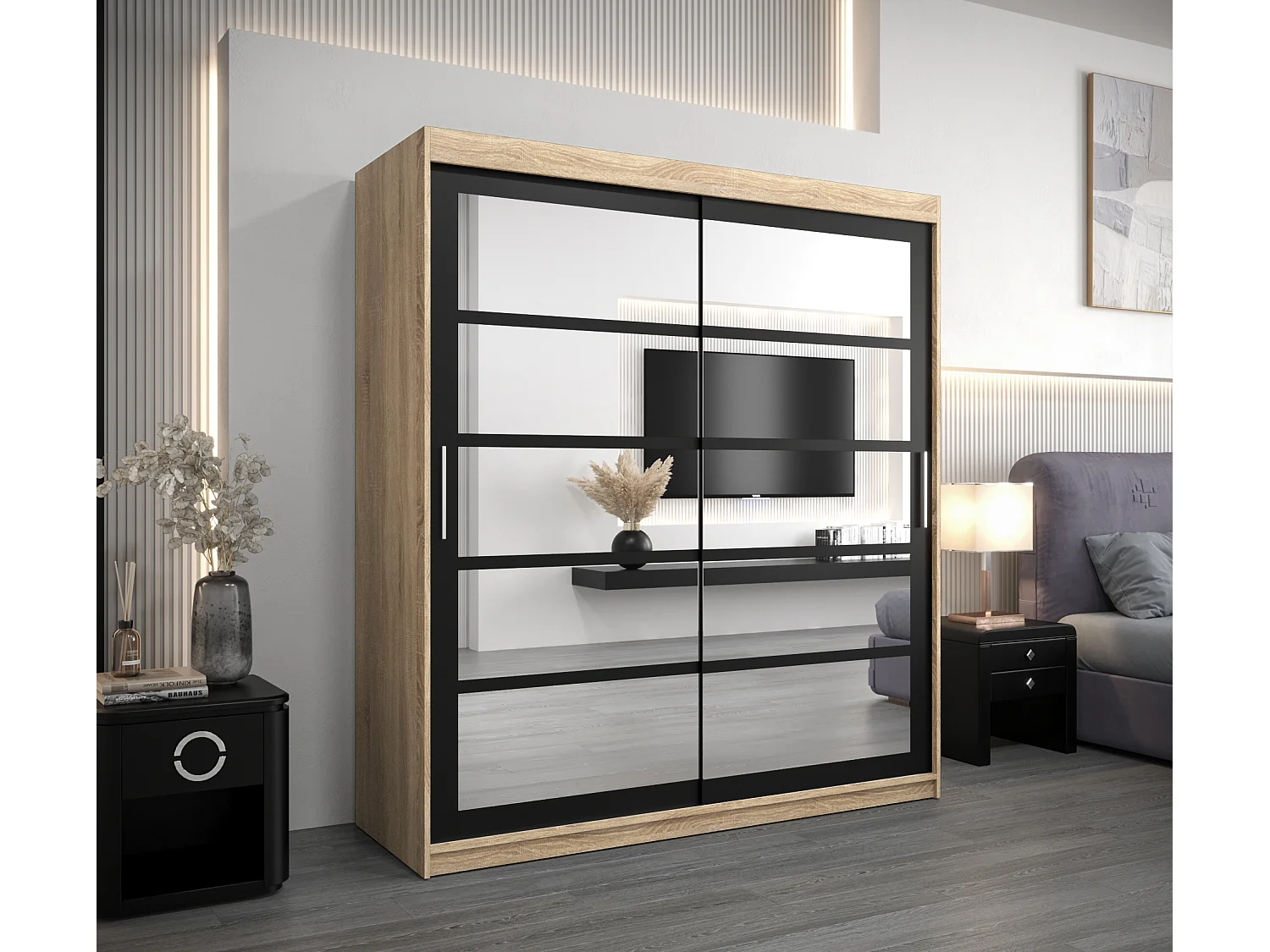 Armoire Roma 2 À Portes Coulissantes 200/180/62 2 portes (Sonoma/Noir)