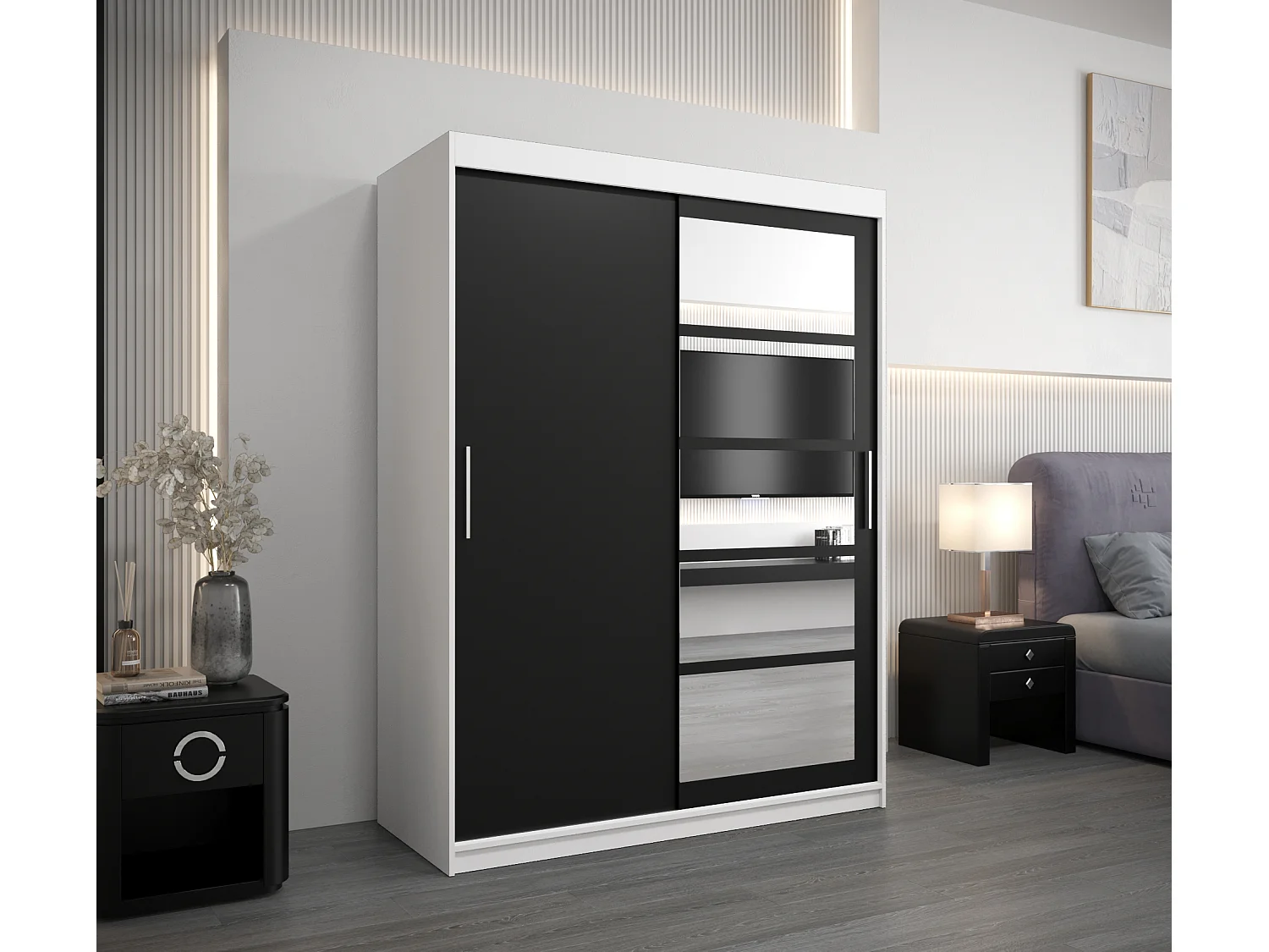 Schwebetürenschrank Roma 200/150/62 2-Türig (Weiß/Schwarz)