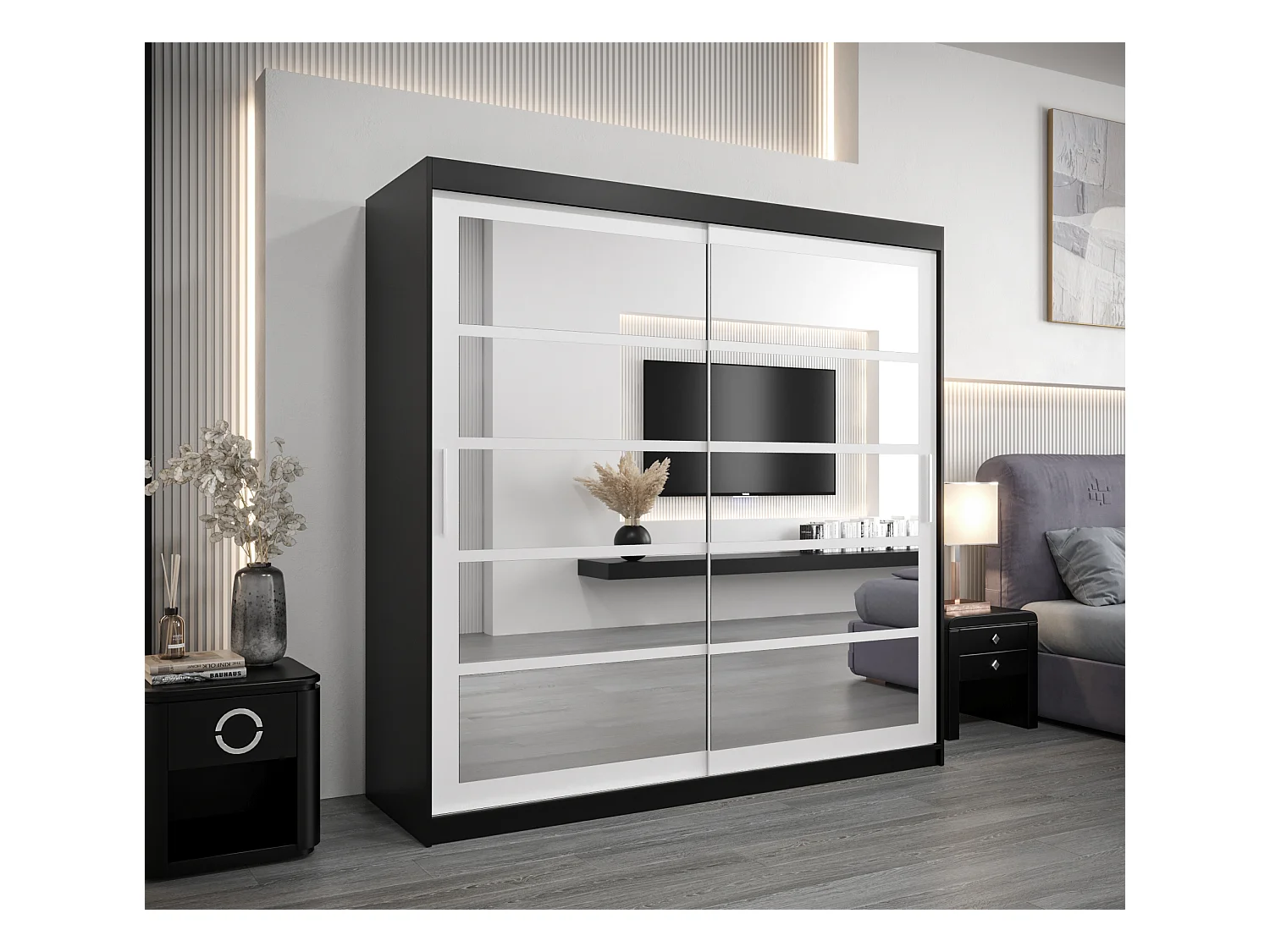 Roma 2 kledingkast met schuifdeuren 200/200/62 2 deuren (zwart/wit)