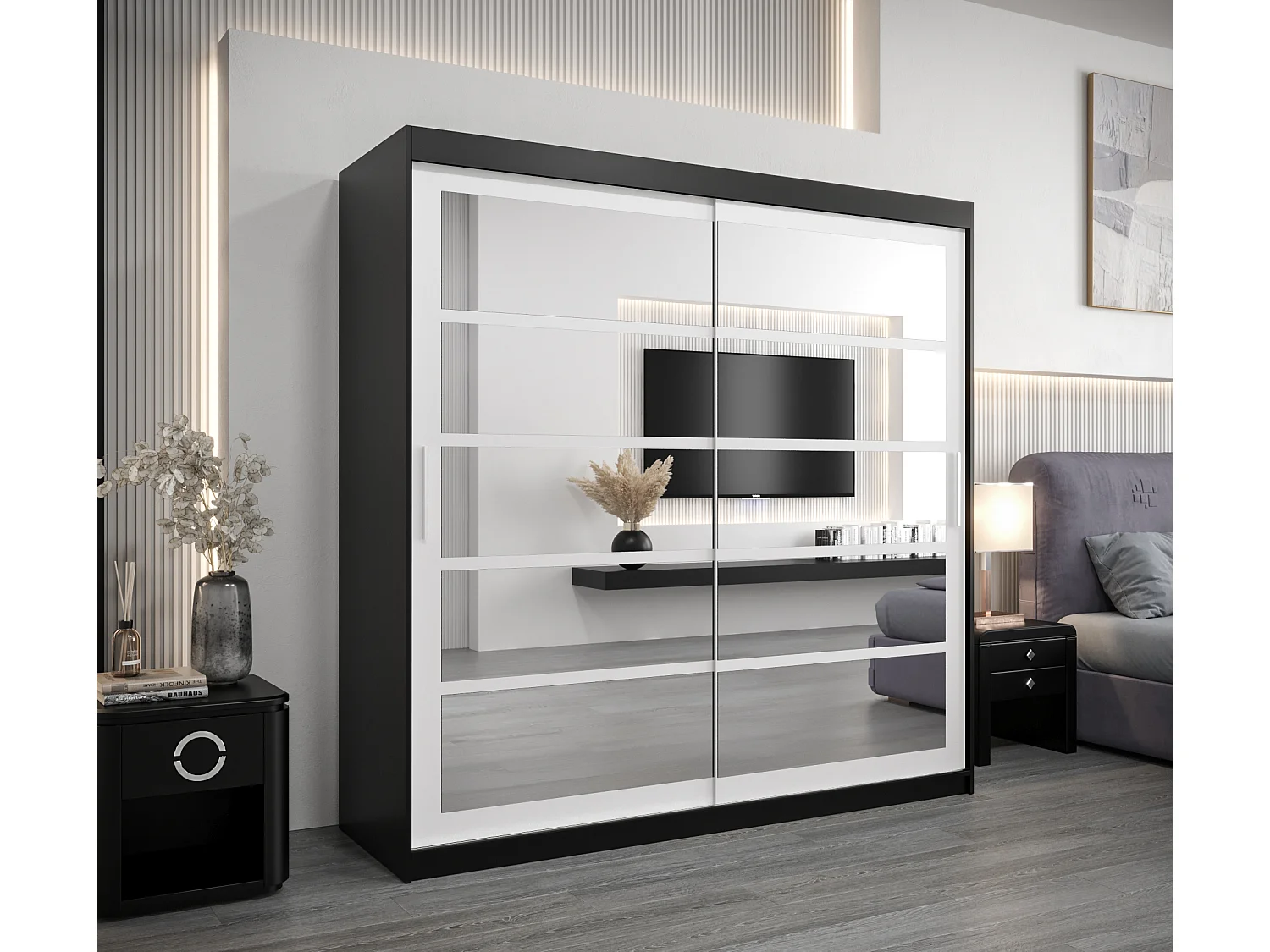 Schwebetürenschrank Roma 200/200/62 2-Türig (Schwarz/Weiß)