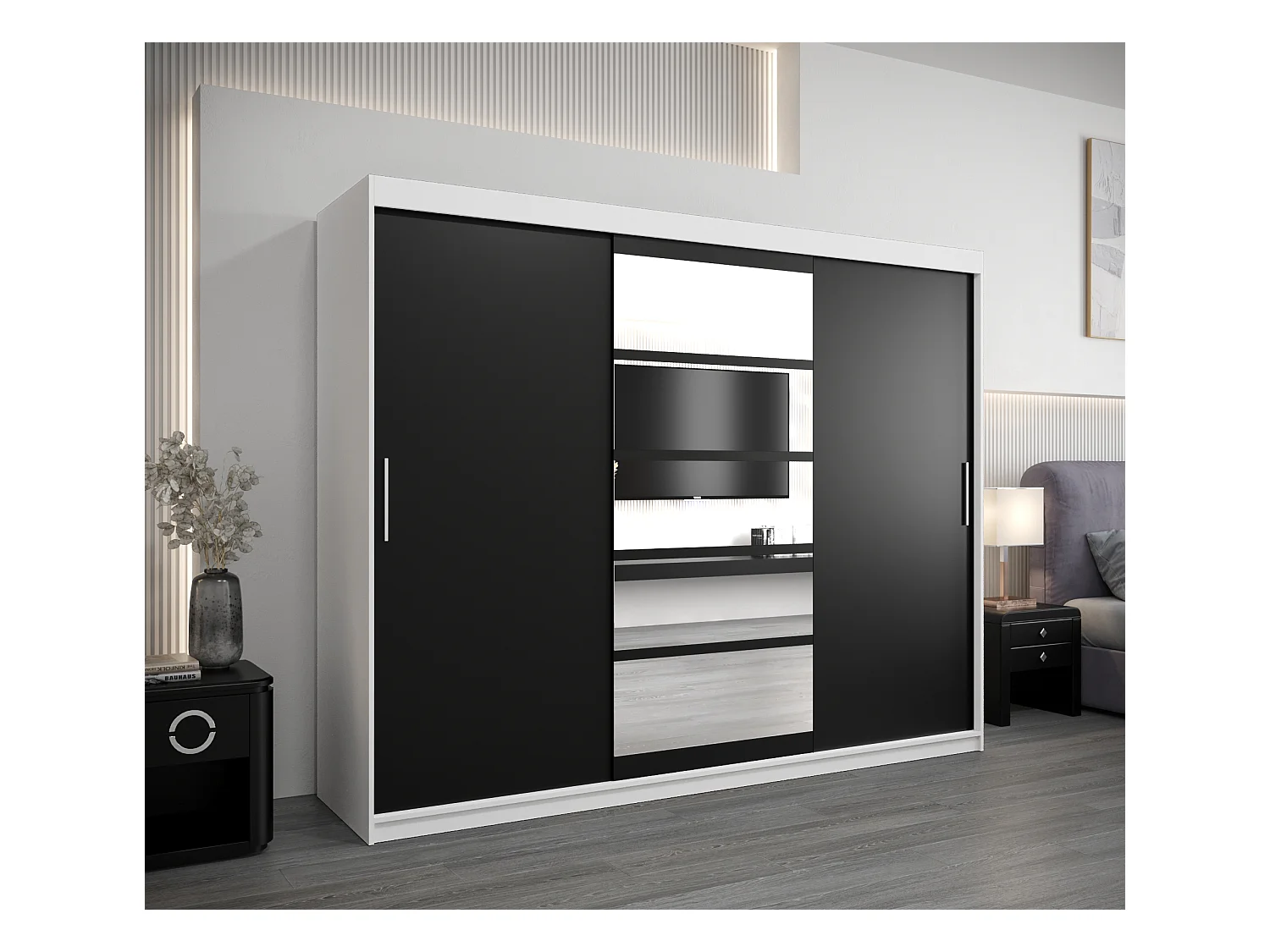 Schwebetürenschrank Roma 200/250/62 2-Türig (Weiß/Schwarz)