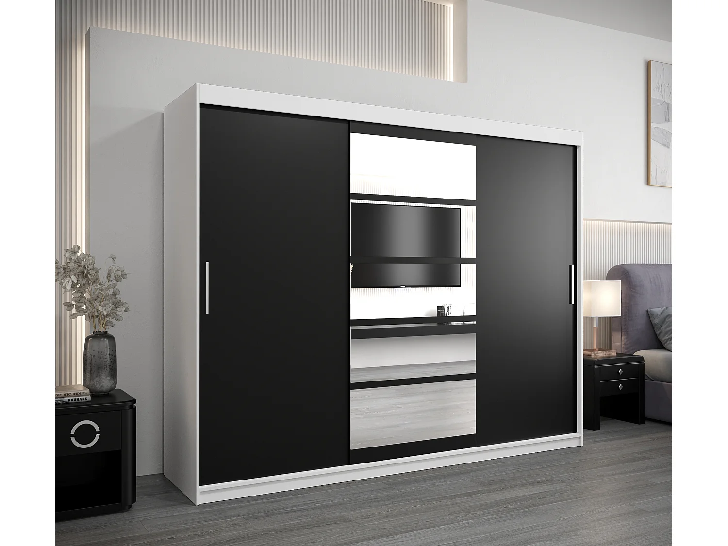 Roma 1 kledingkast met schuifdeuren 200/250/62 3 deuren (wit/zwart)