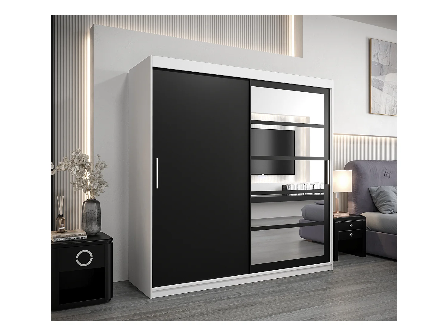 Armoire Roma 1 À Portes Coulissantes 200/200/62 2 portes (Blanc/Noir)