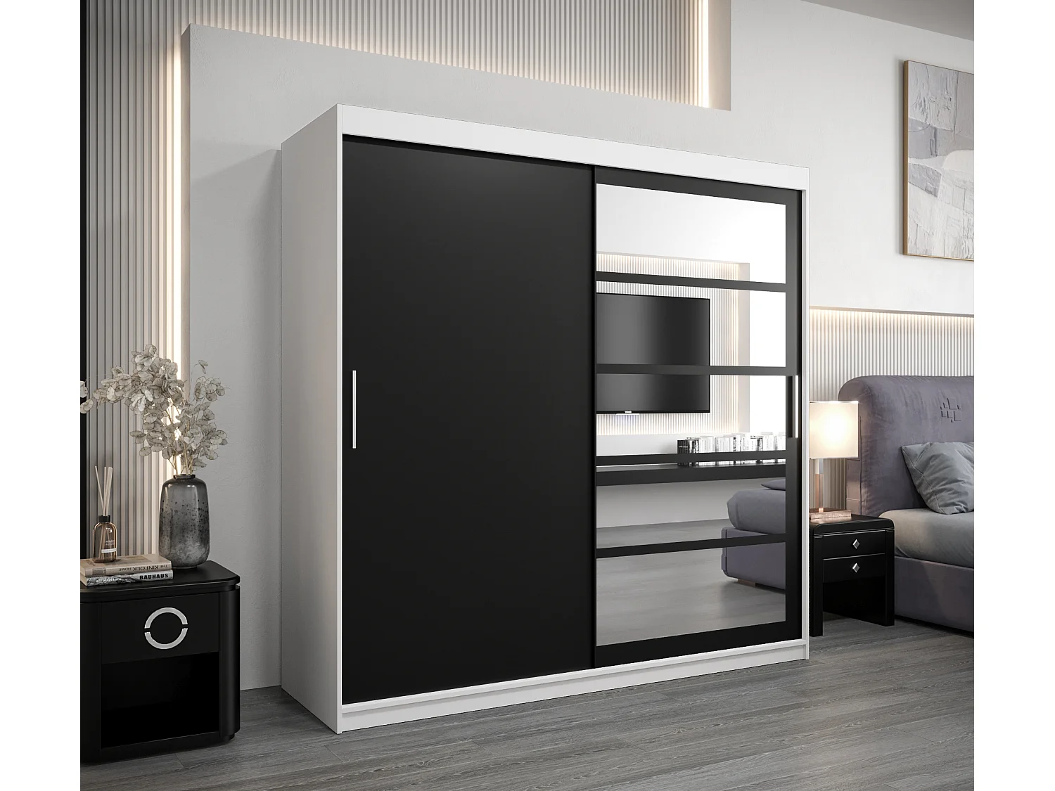 Armoire Roma 1 À Portes Coulissantes 200/200/62 2 portes (Blanc/Noir)