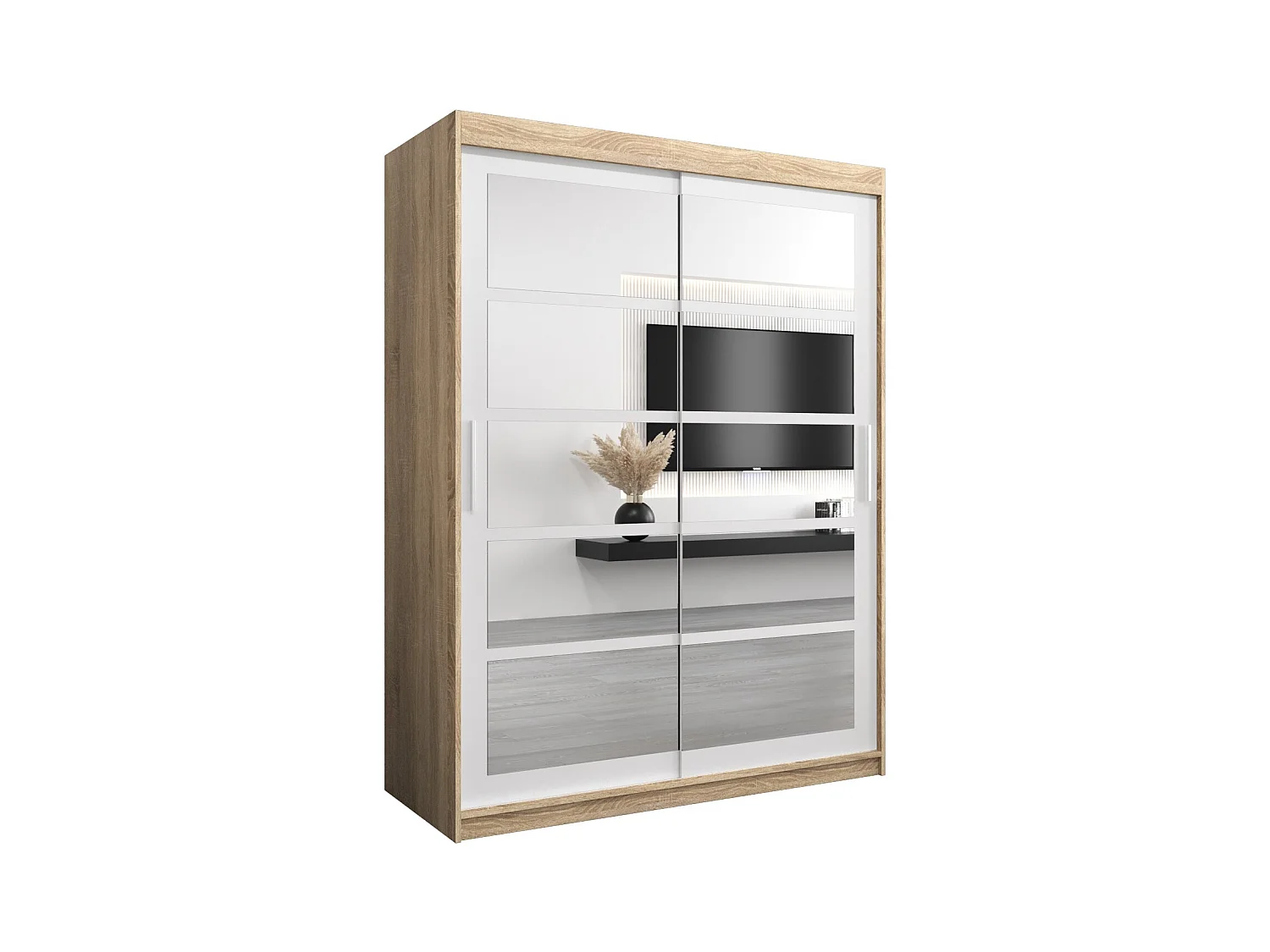 Schwebetürenschrank Roma 200/150/62 2-Türig (Sonoma/Weiß)