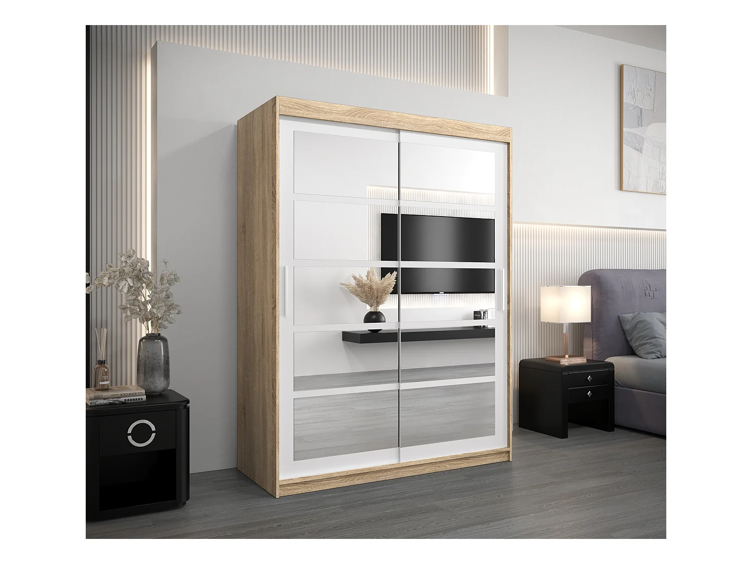 Schwebetürenschrank Roma 200/150/62 2-Türig (Sonoma/Weiß)