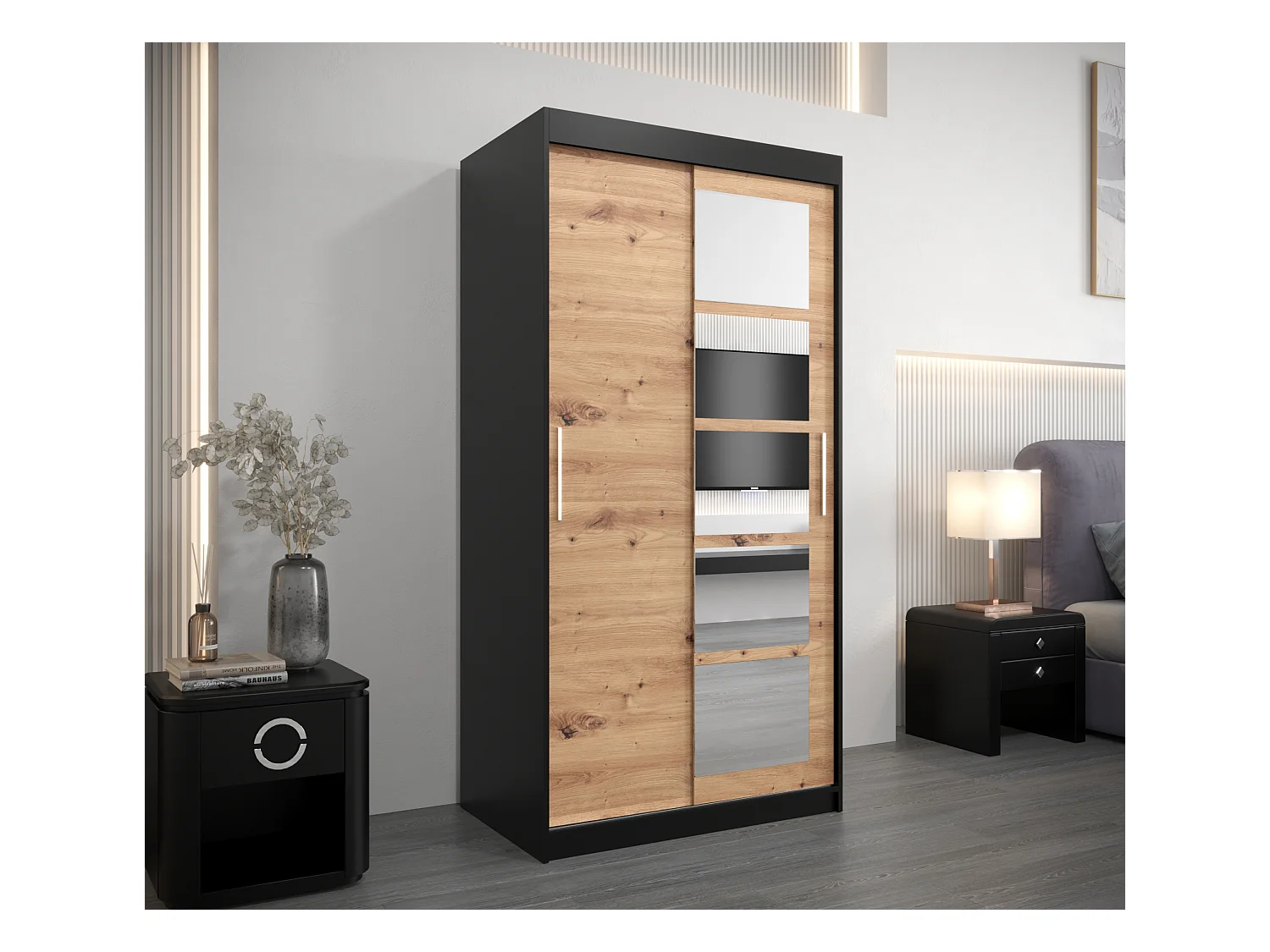 Schwebetürenschrank Roma 200/100/62 2-Türig (Schwarz/Artisan)