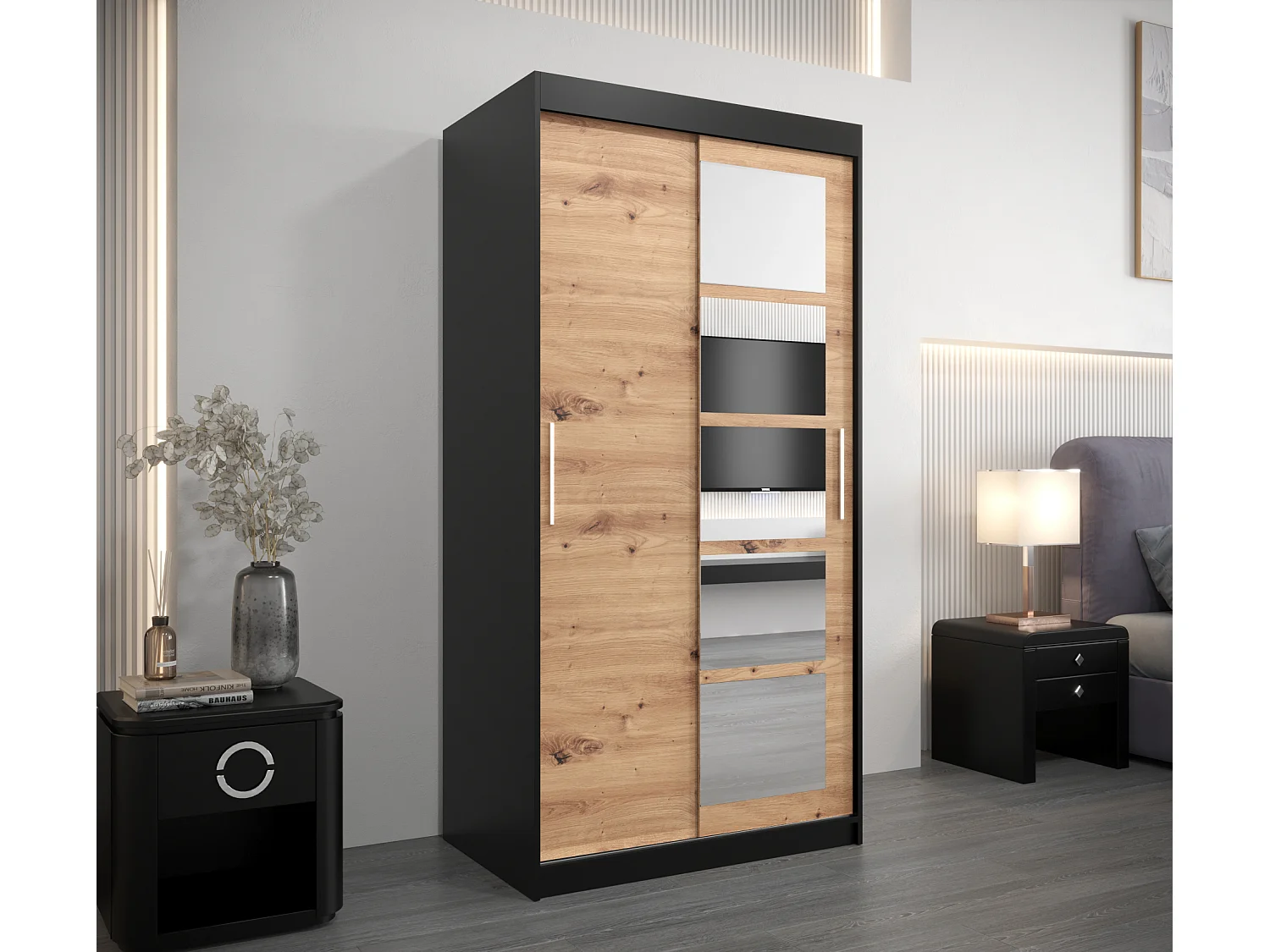 Schwebetürenschrank Roma 200/100/62 2-Türig (Schwarz/Artisan)