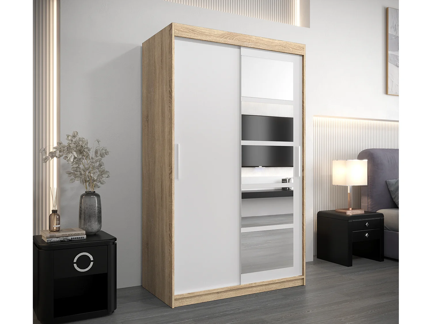 Armoire Roma 1 À Portes Coulissantes 200/120/62 2 portes (Sonoma/Blanc)