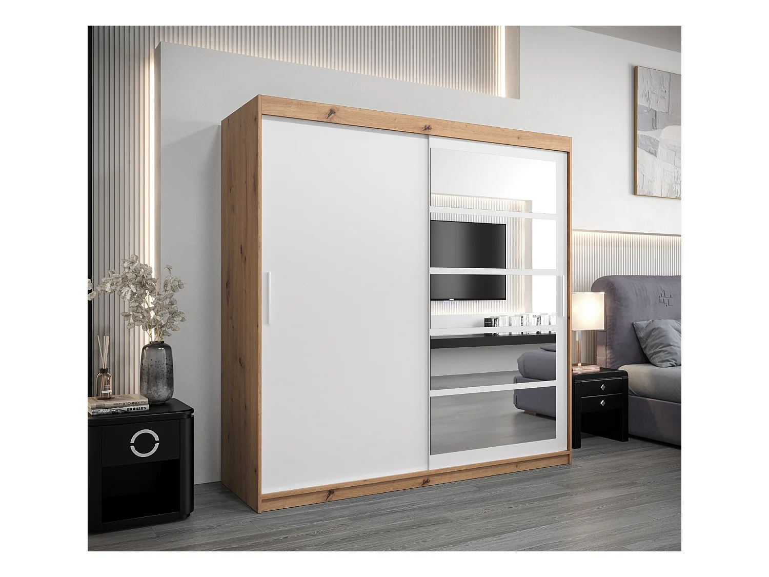 Armoire Roma 1 À Portes Coulissantes 200/200/62 2 portes (Artisan/Blanc)