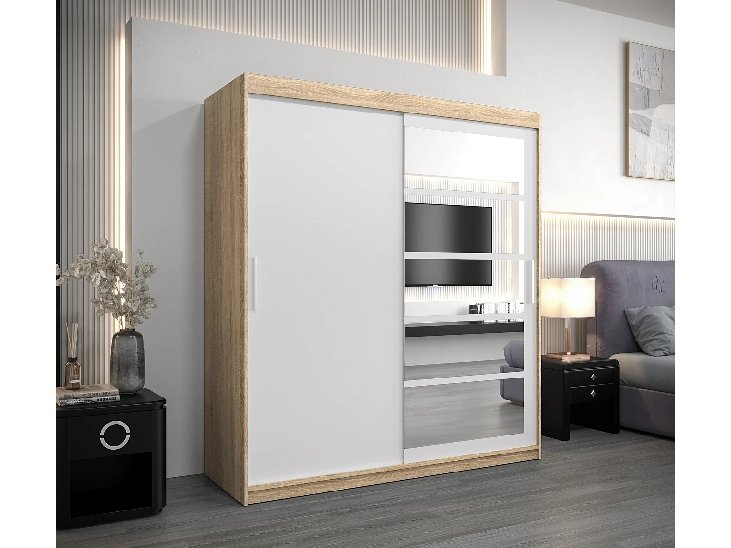 Armoire Roma 1 À Portes Coulissantes 200/180/62 2 portes (Sonoma/Blanc)