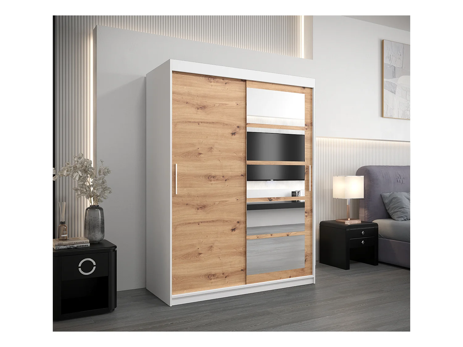 Armoire Roma 1 À Portes Coulissantes 200/150/62 2 portes (Blanc/Artisan)