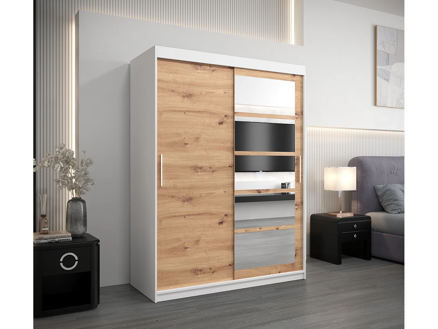 Armoire Roma 1 À Portes Coulissantes 200/150/62 2 portes (Blanc/Artisan)